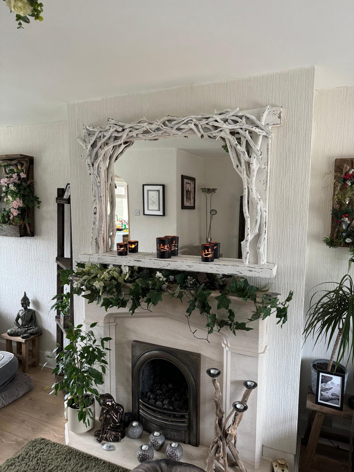 White Sculptured Driftwood Mirror with shelf