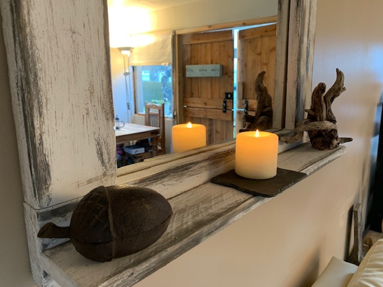 Whitewashed Distressed Mirror with shelf