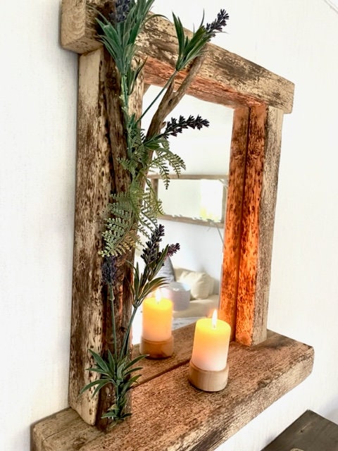 Driftwood Flower Garland mirror with shelf