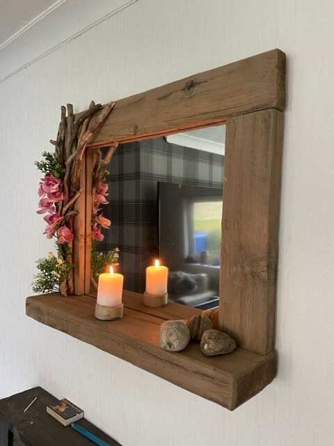 Driftwood Flower Garland mirror with shelf
