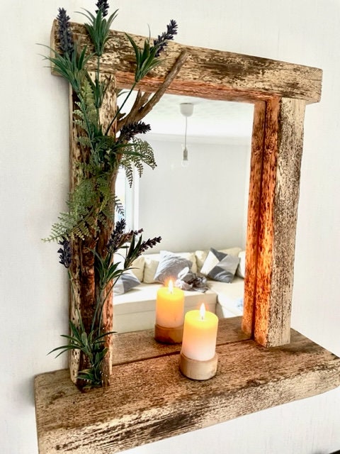 Driftwood Flower Garland mirror with shelf