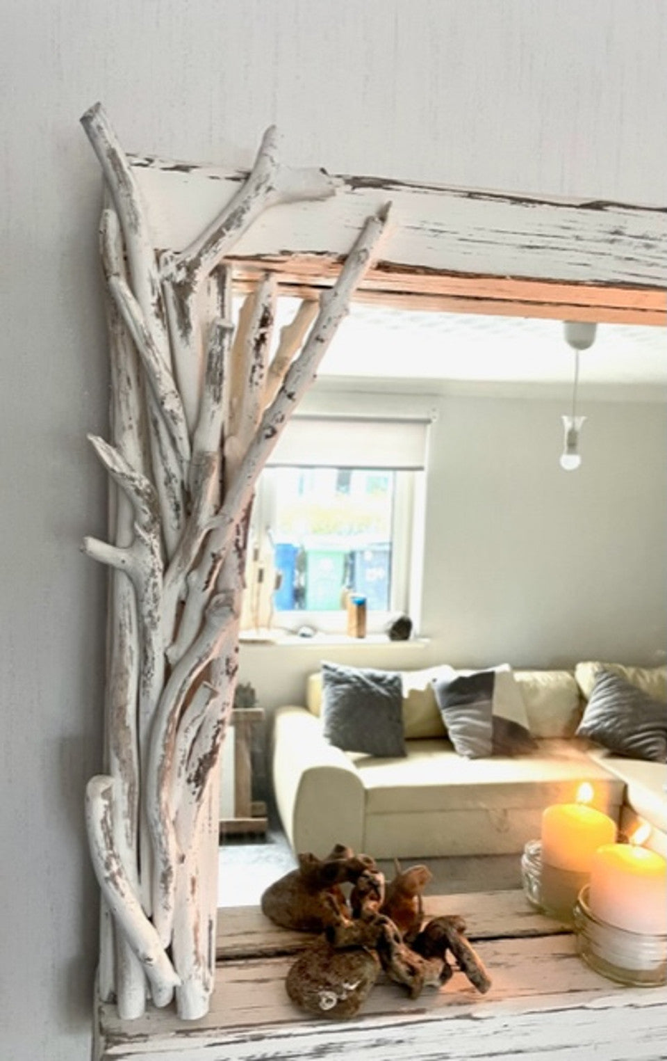 Norfolk Whitewashed Driftwood mirror with shelf
