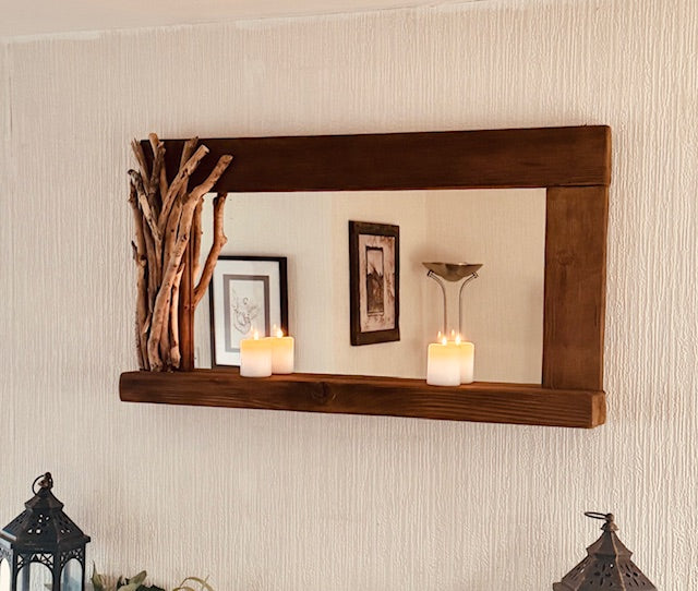 Driftwood Mirror with shelf decor frame