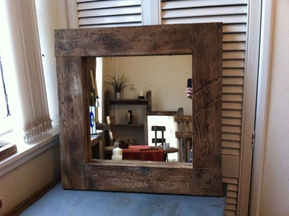 Square rustic reclaimed wooden mirror