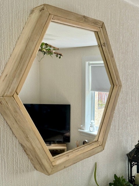 Large Hexagonal 76 cm rustic wooden framed mirror