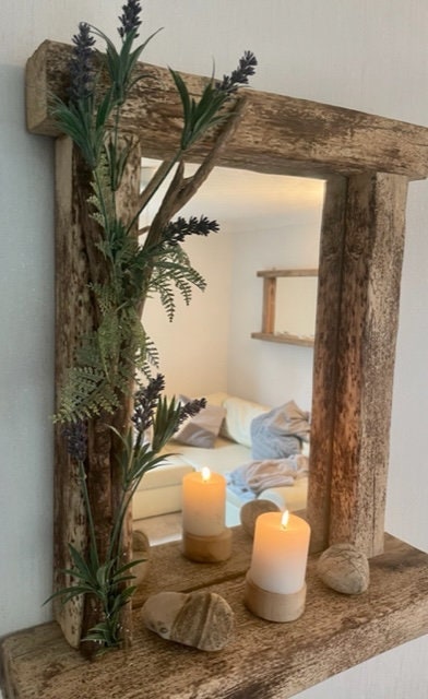 Driftwood Flower Garland mirror with shelf