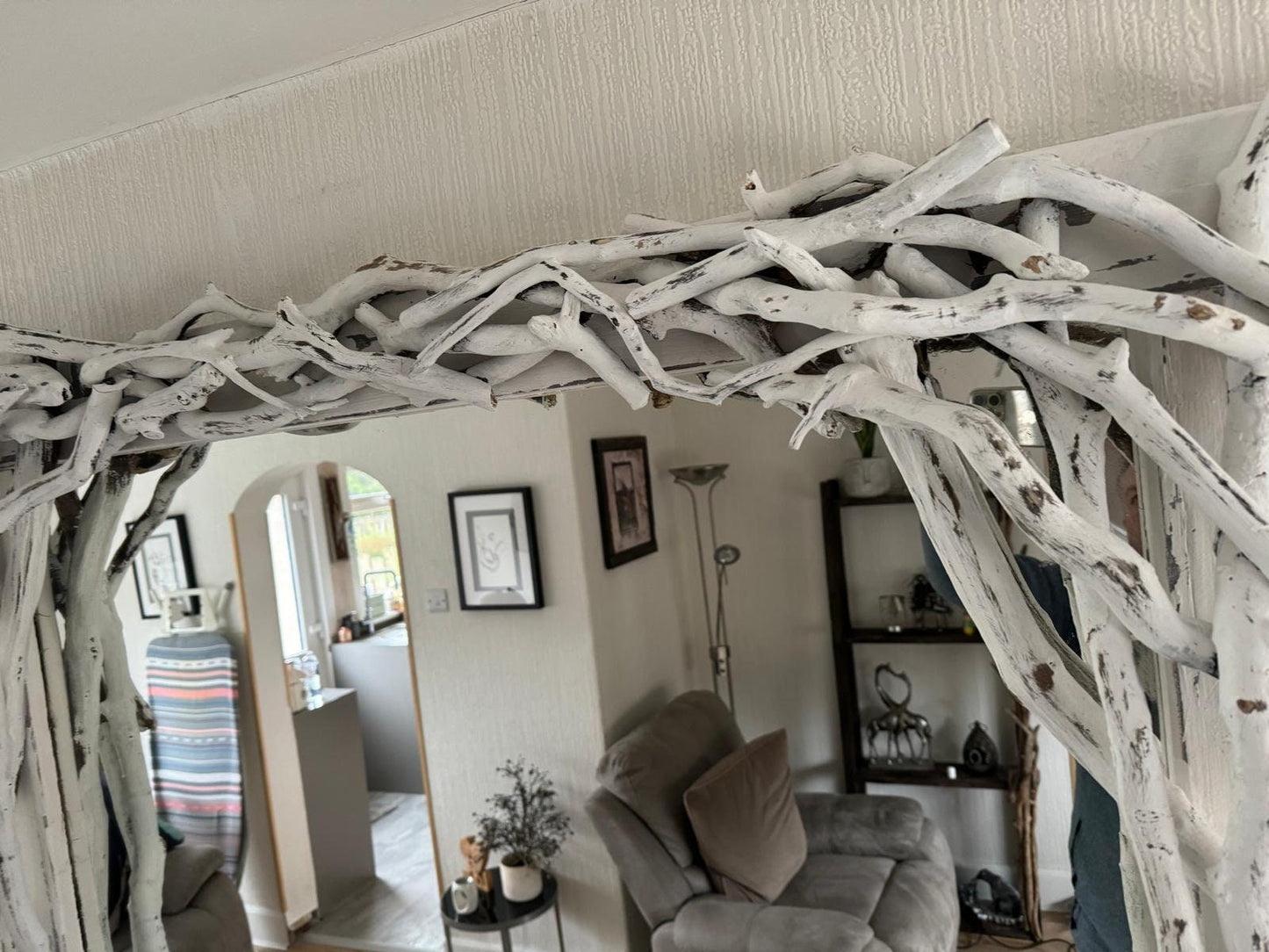 White Sculptured Driftwood Mirror with shelf