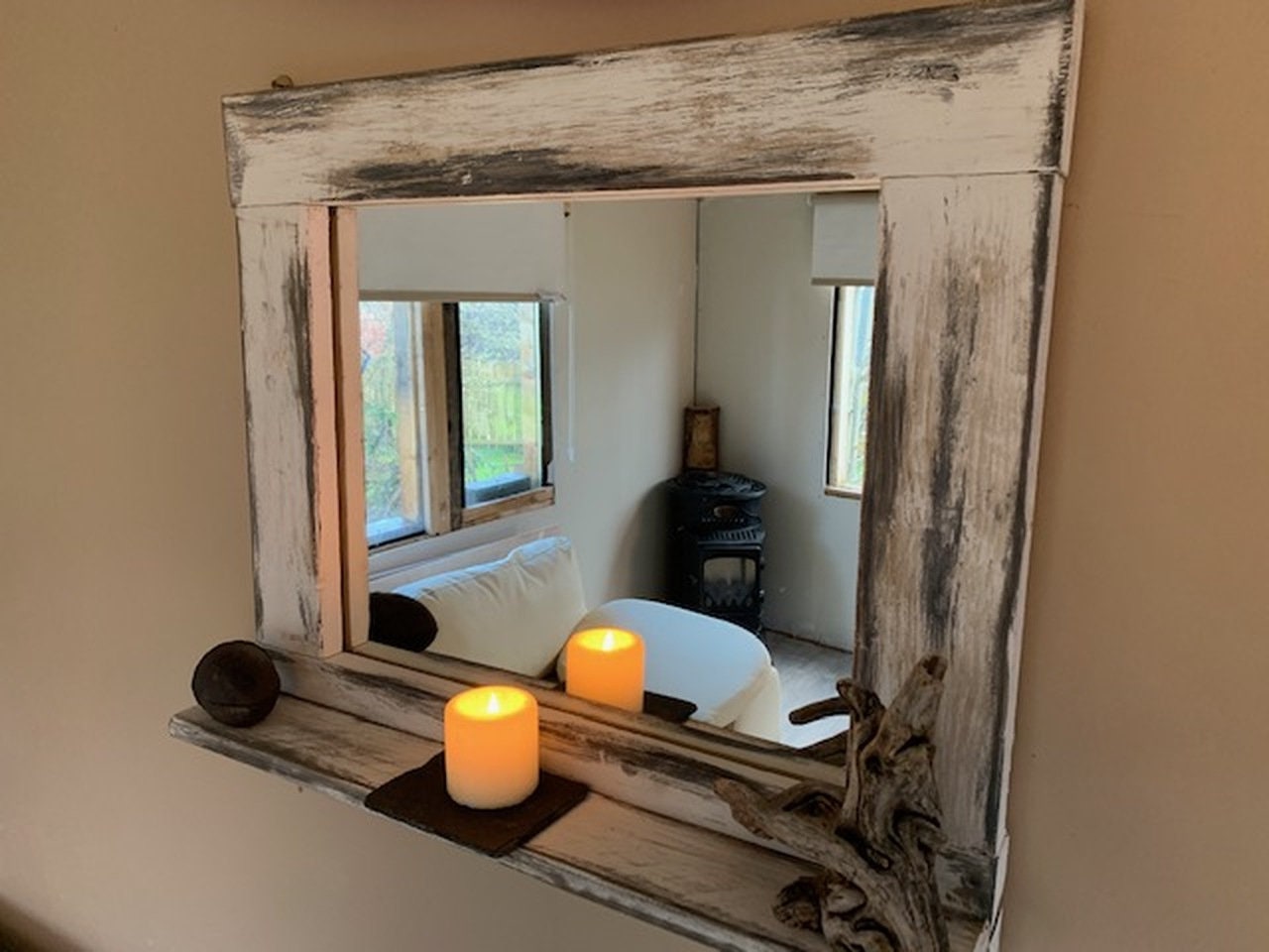 Whitewashed Distressed Mirror with shelf