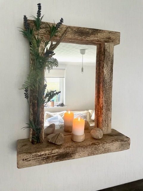 Driftwood Flower Garland mirror with shelf