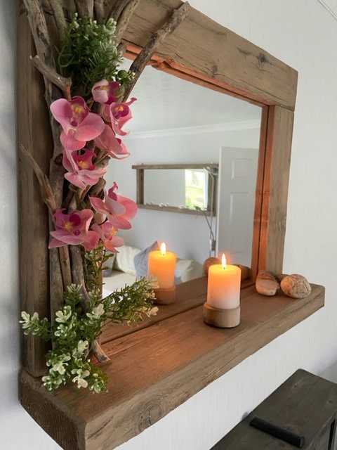 Driftwood Flower Garland mirror with shelf