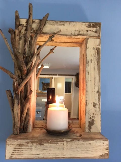 Whitewashed Driftwood Mirror with candle shelf gift idea