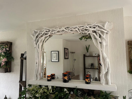 White Sculptured Driftwood Mirror with shelf
