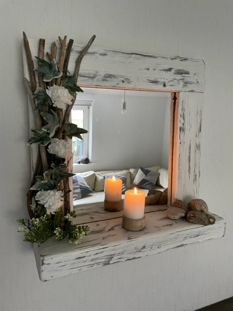 White washed distressed Driftwood Flower Garland mirror with shelf unusual gift idea