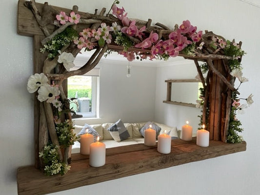 Driftwood Garland flower decorative mirror with candle shelf farmhouse beach garden style