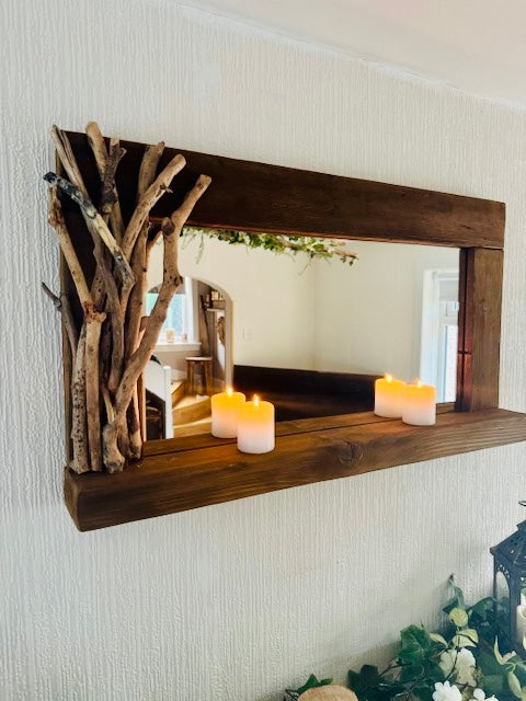 Driftwood Mirror with shelf decor frame